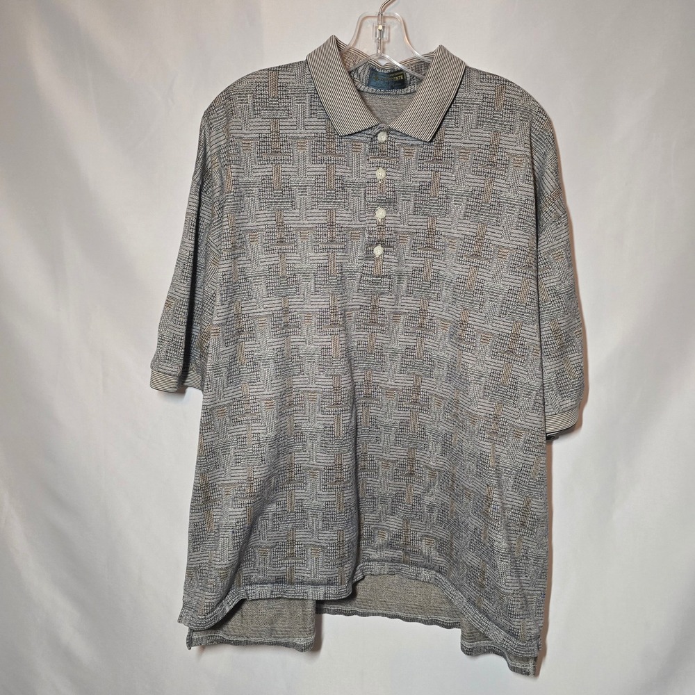 Descente Golf Collection Mens XL Polo Shirt Grey Geometric Knit Camel Logo